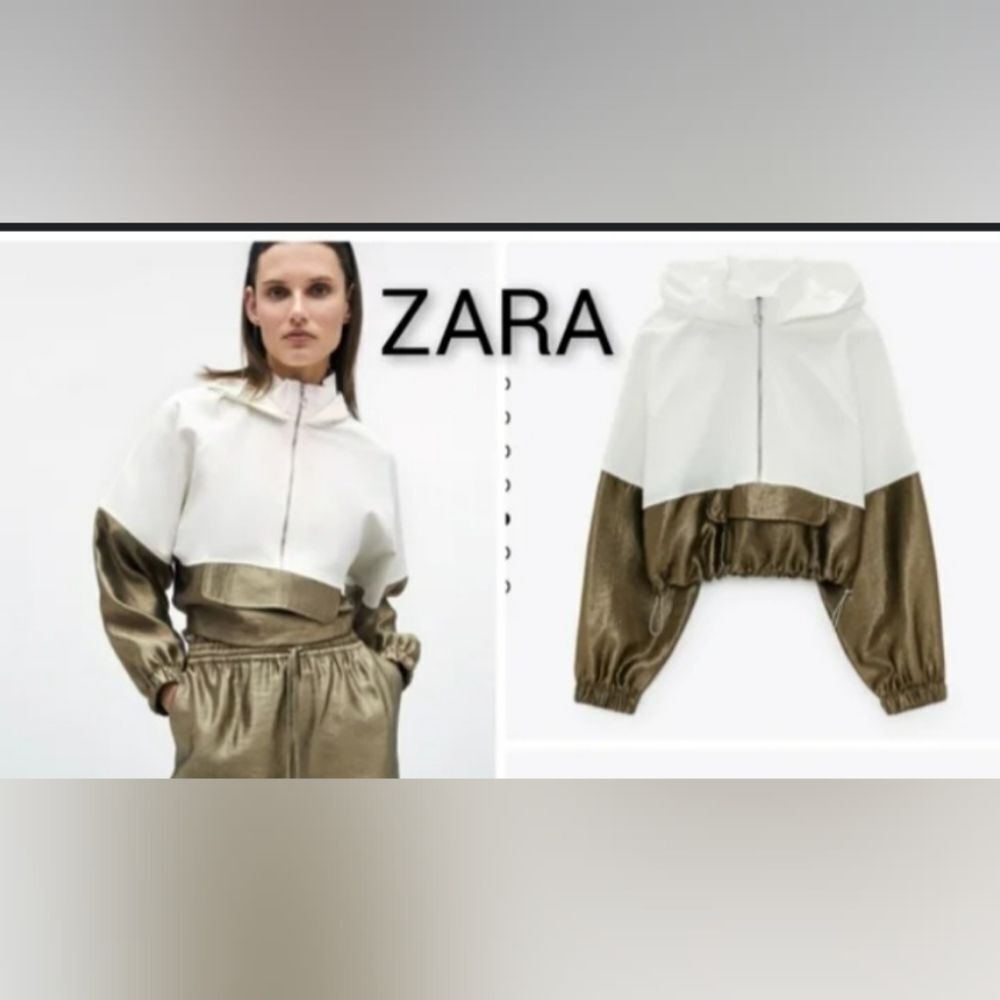 Zara NWT Croped Hooded Jacket Drawcord Waist Shinny Effect Sz S